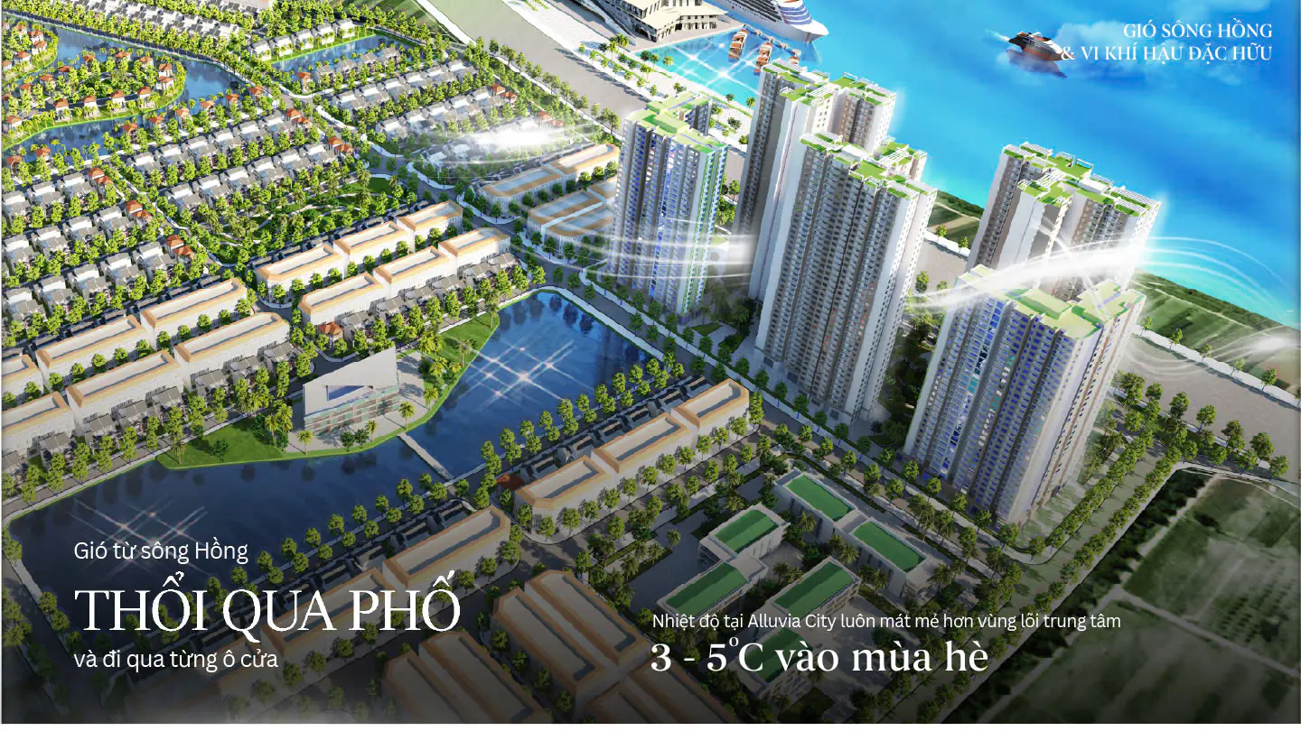 Khách hàng sinh sống tại Alluvia City được hưởng nguồn không khí gió Nam thổi từ Sông Hồng vào nên nhiệt độ nơi đây giảm từ 3-5 độ C so với trung tâm thành phố