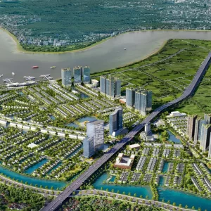 Tổng thể dự án nhìn từ trên cao liền kề sông Hồng, nằm trên đường Vành đai 3.5 kết nối qua cầu Ngọc Hồi đến Thủ đô Hà Nội