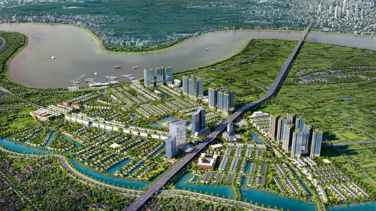 Tổng thể dự án nhìn từ trên cao liền kề sông Hồng, nằm trên đường Vành đai 3.5 kết nối qua cầu Ngọc Hồi đến Thủ đô Hà Nội